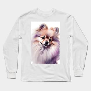 A Cute Watercolor of a Pomeranian Dog with Purple Accents Long Sleeve T-Shirt